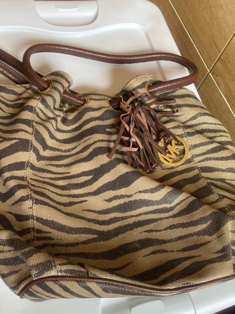 SOLD***Michael Kors Striped Canvas Tote with Gold MK Charm